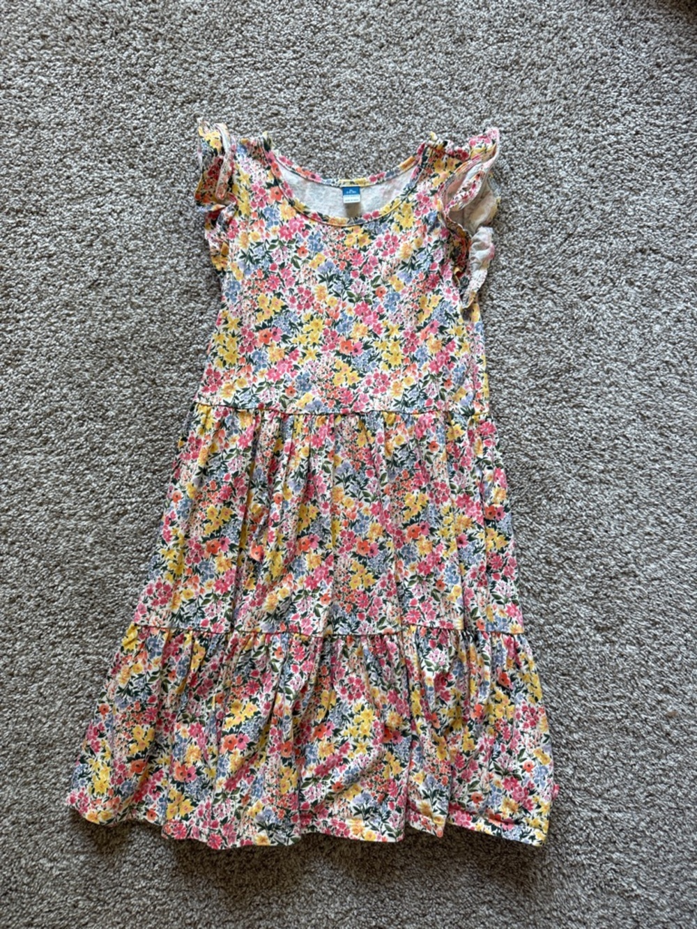 Girls Floral Tiered Ruffle Sleeve Dress - Yellow & Pink